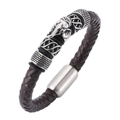 China Trendy Braided Leather Stainless Steel Braided Leather Fashion Jewelry Magnetic Clasp Mens Bangle Elephant Bracelets SP0146 for sale