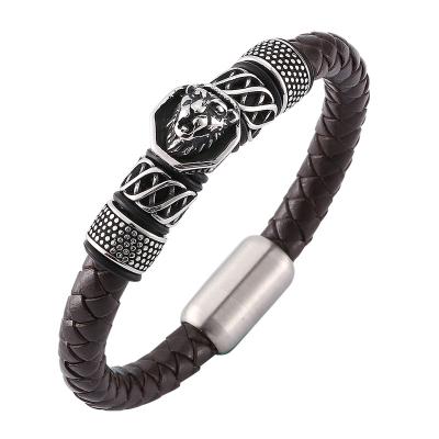 China Braided Leather Bracelets SP0143 Vintage Lion Stainless Steel Magnetic Clasp Bracelet Brown Men's Bracelet for sale