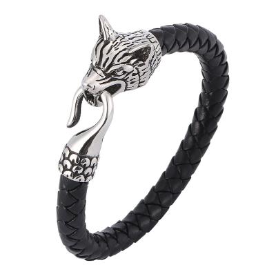 China Vintage Trendy Men's Jewelry Brown Black Braided Stainless Steel Wolf Bracelet Wristband Male Gifts SP0392 Leather Men's Bracelet for sale