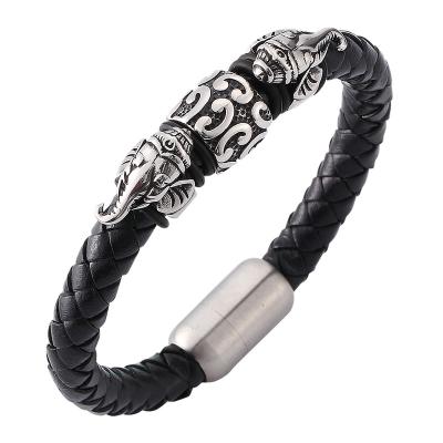 China Trendy Black Braided Leather Stainless Steel Magnetic Clasp Vintage Elephant Bangle Wrist Band Male Bracelets SP0115 for sale