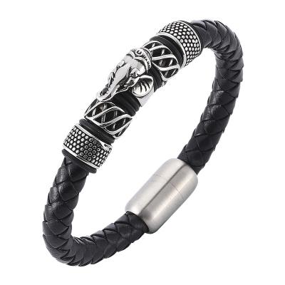 China Vintage Mens Jewelry Armor Leather Bangle Elephant Stainless Steel Magnetic Clasp Bracelet Trendy Men's Punk Bracelets SP0087 for sale