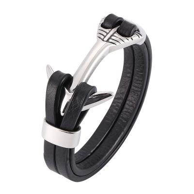 China Vintage Punk Anchor Bracelet Mens Jewelry Double Layer Wrap Bracelets Stainless Steel Leather Easy Buckle Male PW776 for sale