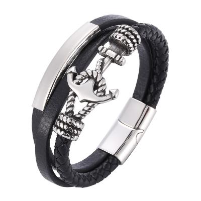 China New Vintage Men Bracelet Stainless Steel Black Multilayer Leather Anchor Magnetic Clasp Braided Leather Bracelets Jewelry SP1087 for sale