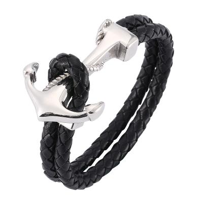 China Punk Male Anchor Mens Stainless Steel Jewelry Black Braided Rope Leather Bracelets Fashion Charm Wrap Bracelets PW767 for sale