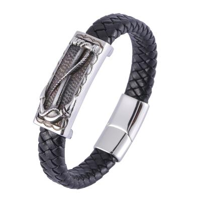 China Punk Black Braided Leather Bracelet For Male Wrist Jewelry Stainless Steel Anchor Bracelet Rock Hip Hop Birthday Gifts SP1206 for sale