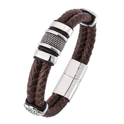 China Vintage Mens Jewelry Vintage Brown Double Braided Punk Leather Bracelet Mens S.Steel Bracelet Male Gift SP0378 for sale