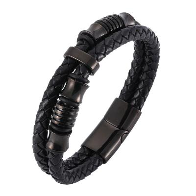 China Vintage Double Woven Leather Bracelet For Men Punk Jewelry Black Magnetic Stainless Steel Clasp Fashion Bracelets Gifts PH518 for sale