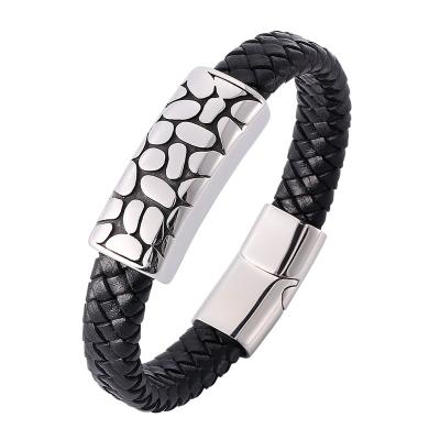 China TRENDY Jewelry Punk Black Braided Leather Magnetic Buckle Bracelets Stainless Steel Chain Bracelet Male Wrist Band PW802 for sale