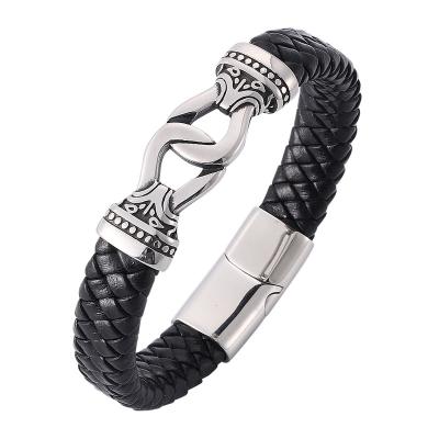 China Bangle Stainless Steel Buckle Vintage Punk Braided Leather Bracelets Flip Male Wrist Band Fashion Jewelry Men PW806 for sale