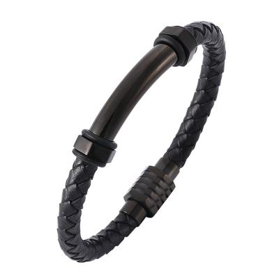 China Stainless Steel Magnet Clasp Male Jewelry Punk Black Braided Leather Bangle Mens Christmas Gift PH516 for sale