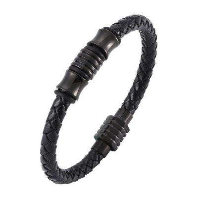 China Vintage Mens Stainless Steel Black Magnetic Braided Clasp Leather Handmade Leather Bangle Bracelete Male Jewelry Gifts SP0035 for sale