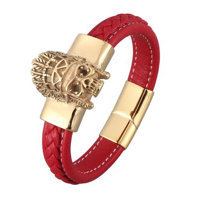 China Fashionable Men's Red Braided Leather Gold Bracelets Stainless Steel Skull Stainless Steel Bangle Indian Male Punk Jewelry SP0930 for sale