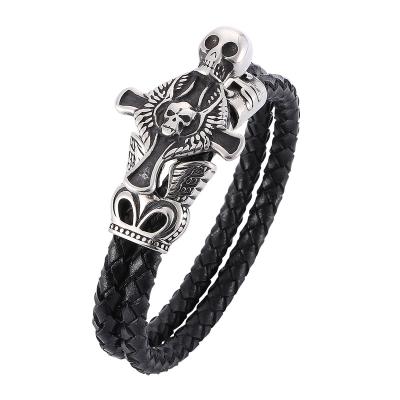 China Stainless steel punk braided leather skull bracelet men's fashion punk bracelet rock leather cross man PW755 for sale