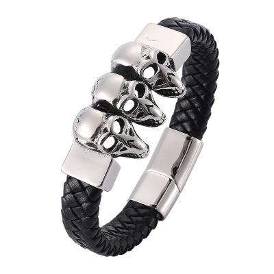 China Men's Punk Punk Jewelry Skeleton Skull Bracelets Braided Bracelet Stainless Steel Leather Magnetic Buckle Bracelets Male PW918 for sale