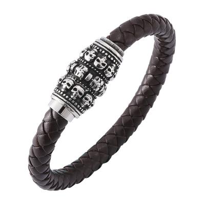 China Brown punk braided jewelry leather skeleton punk men's retro magnetic clasp bracelets SP0148 stainless steel bracelet for sale