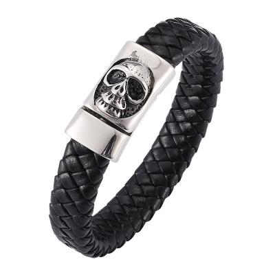 China Jewelry Male Punk Black Braided Stainless Steel Leather Magnetic Clasp Bracelet Skeleton Bracelet Men SP0263 for sale