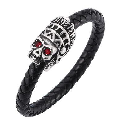 China Vintage Bangle Rope Bracelet Braided Skull With Zircon Stainless Steel Clasp Magnetic Punk Bracelet Male Jewelry SP0073 for sale