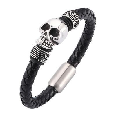 China Vintage Men Black Braided Leather Skull Bracelet Skeleton Stainless Steel Magnetic Buckle Wristband Male Bangle Gift SP0057 for sale