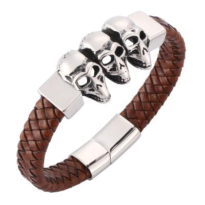 China Men's Punk Jewelry Brown Braided Stainless Steel Leather Magnetic Clasp Skull Bangle Skeleton Party Bangles Bracelets SP0166 for sale