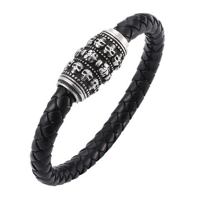 China Punk Men Black Stainless Steel Braided Leather Fashionable Magnetic Clasp Skeleton Bracelet Skull Bracelets Simple Gifts SP0070 for sale