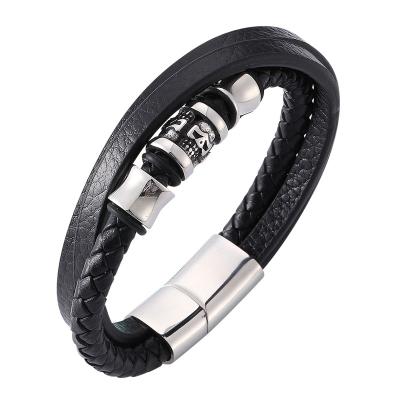 China Vintage Mens Jewelry Punk Black Wrap Multilayer Braided Leather Bracelet Stainless Steel Skull Bracelet Male Accessories SP0209 for sale