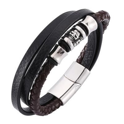 China Black Multilayer Braided Leather Bracelets SP0210 Stainless Steel Skull Bangle Men's Punk Bracelet Jewelry Wrap Bangles for sale