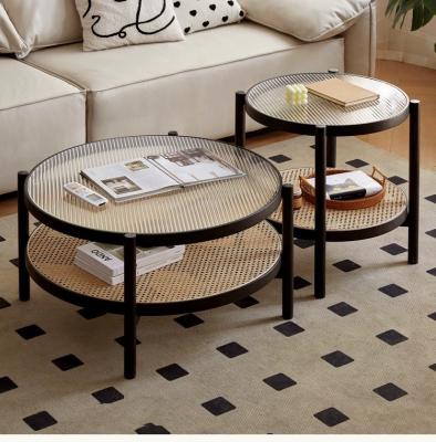 China Knock down Rattan round coffee table with teak solid wood and glass home furniture modern simple design high quality wholesale price for sale