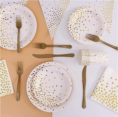 China New Polka Dot White Theme Birthday Party Disposable Materials Minimalist Bronzed Dishes Sets Tableware Disposable Tableware For Parties for sale