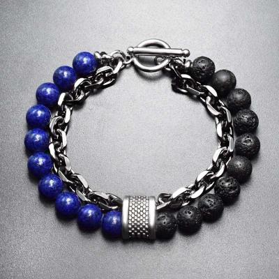 China 2022 Men's Luxury Environmental Friendly Stainless Steel Men's Two Line Clasp Bracelete Natural Stone Chakra Lava Beads Jewelry Stainless Steel for sale