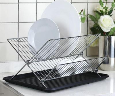 China Sustainable Chrome Plated Steel X Shape 2 Tier Foldable Shelf Small Dish Drainers With Drainer Dish Drying Rack for sale