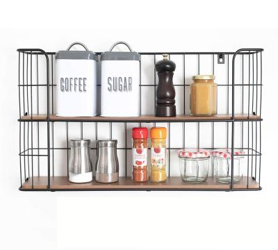 China Sustainable EasyPAG Vintage Look Metal Rack Wall And Spice Wood Shelf 2 Tier Large Wall Mount for sale