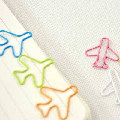 China Cute Plane Shaped Beautiful Colorful Stainless Steel Clip Flat Metal Paper Clip for sale