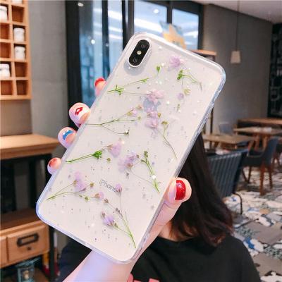 China Eco-Friendly Ladies Glitter Natural Clear Dry Flower Embrodided Cell Phone Case For Iphone 7 8 Xs Max Xr 12 Pro Max for sale