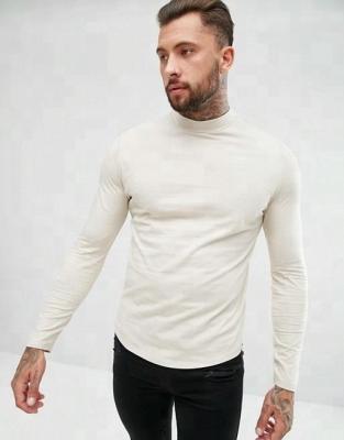 China Wholesale White Cheap Plain Anti-pilling 100% Cotton Long Sleeves Turtle Neck Curved Edge Mens T-Shirt for sale