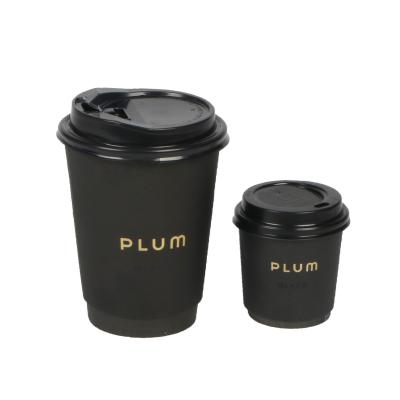 China 4oz 8oz 12oz Wall Disposable Double Wall Gold Foil Stamping Custom Logo All Black Hot Paper Coffee Cup With PS Lid for sale