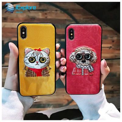 China iExplore 3D Embroidery PU Leather Hybrid Embroidery PC TPU Case Manufacturer Cute Dog Cat Dog Animal Girls Phone Case For Samsung iPhone X XS s10 s9 max for sale