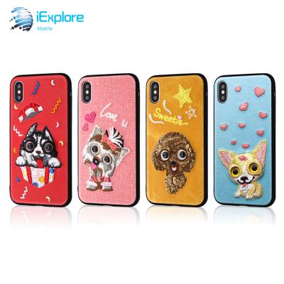 China Manufacturer iExplore Cute Dog Cat Animal Girls PU Shockproof Hybrid Embroidery PC TPU 3D Phone Case For iPhone X XS Samsung s10 s9 max for sale