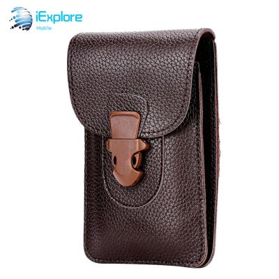 China Universal Genuine Leather Vertical Waist Holster Phone Case iExplore Hanger 2 Slot Wallet Case Vertical Phone Case For iPhone 11 Pro Max Smart Phone for sale