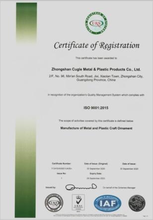 ISO9001 - Zhongshan Cugle Metal & Plastic Products Co., Ltd.