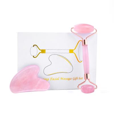 China Face-lift Rose Quartz Face Roller Gua Sha set supplier natural stone set 100% Rose Quartz Face Jade Roller Guasha for sale