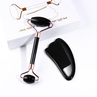 China Wholesale Anti Aging Face Lift Skin Care Tools Black Obsidian Jade Roller Gua Sha Set for sale