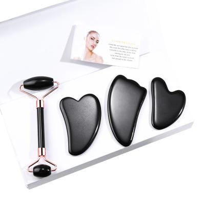 China Wholesale Black Obsidian Whitening Jade Roller Gua Sha Set for Body Care for sale