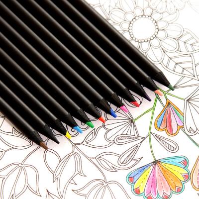 China 1 Designs 12 Colors Colored Pencil Set High Quality Eco-Friendly Black Wooden Pencil For Kids Drawing for sale