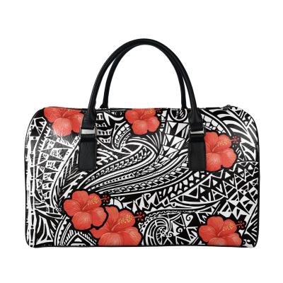 China Eco-Friendly Samoa Custom Polynesian Hibiscus Your Own Picture Print PU Leather Travel Bags Overnight Luggage Weekender Fleece Bag Carry On Bag for sale