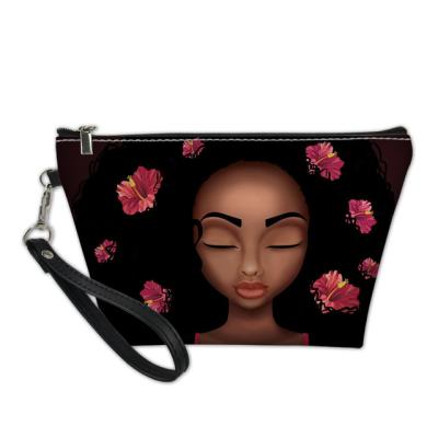 China Factory Wholesale Art African Girls Printed Small Black Cosmetic Bag Rose Makeup Organizer Waterproof Custom Women Small MOQ Wholesale for sale