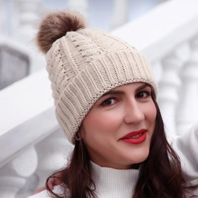 China Winter COMMON high quality hat with fashion warm women's outdoor pom pom hat wool-acrylic knitted hats for sale