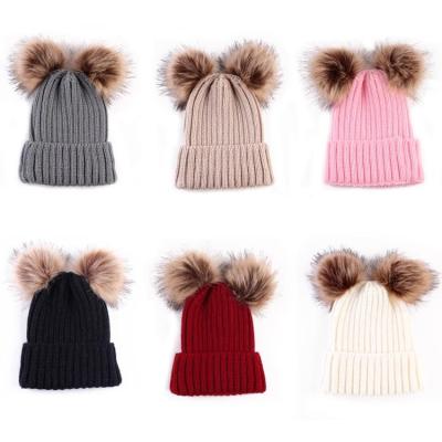 China COMMON COMMON Pom Hat Beanies Cap Crochet Kids Double Fur Knitted Cute Boy Autumn Winter Knit Hat Baby Kids Girl Girl Hats for sale