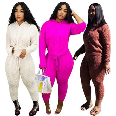 China Breathable Breathable Christmas Winter Clothing Women Long Sleeve Solid Color Round Pants Knitted Hoodies Neck Fashionable Two-Piece Set for sale