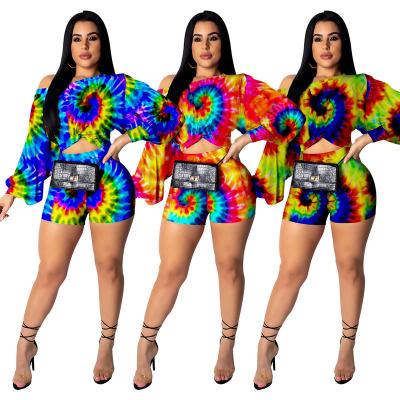 China Hot Selling Hot Selling Women's Shorts Europe Tie Dye Nightclub Bubble QUICK DRY Long Sleeve Casual Two Piece Pants Suit for sale