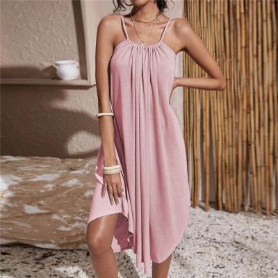 China 2021 European and American solid color suspender anti-static women's casual loose irregular edge mid-length skirt dress for sale